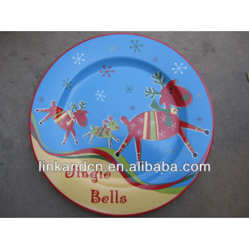 KC-02544hand painted christmas deer plates,for kids funny round flat pizza/cake plates